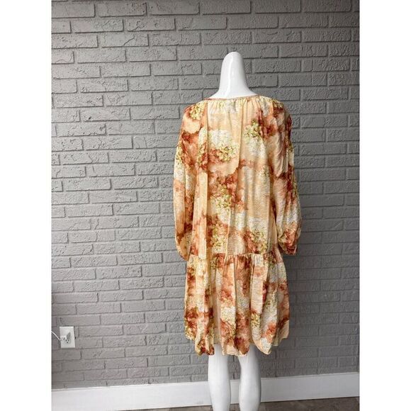 H&M Women peach Green Hydrangea Print Floral Ballon Sleeve Dress Size M - Picture 4 of 14